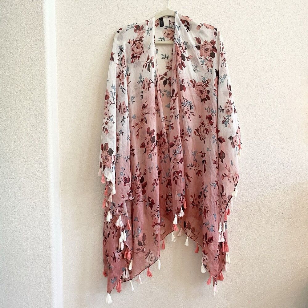 Lane Bryant Pink Floral Cardigan Duster Tassels Kimono One‎ Size Women